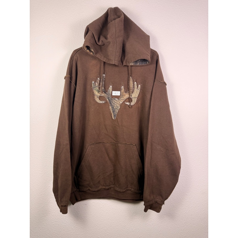 Guide Series Mens Brown Camo Antler Hoodie Raw Seam Distressed Pullover L